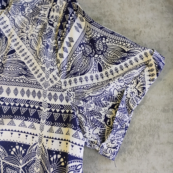 Supplies Button Up Shirt Short Sleeve Navy Blue White Boho Bandana Size Medium - Picture 10 of 13